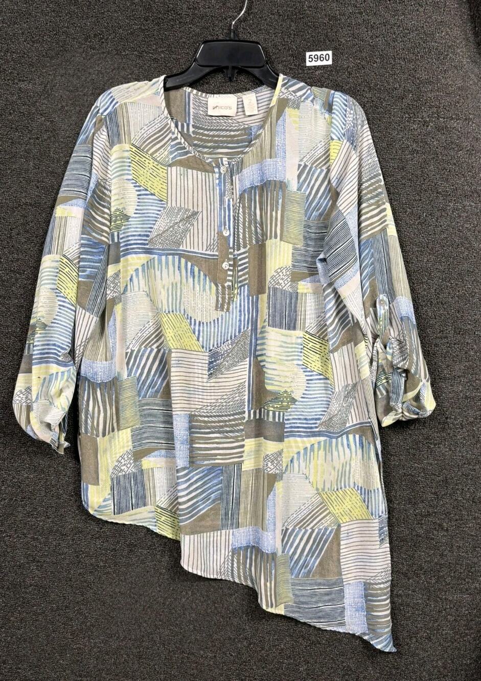 Chico’s Tunic Top Womens Size 2 US L Multicolor Asymmetrical Hem Roll Tab Sleeve